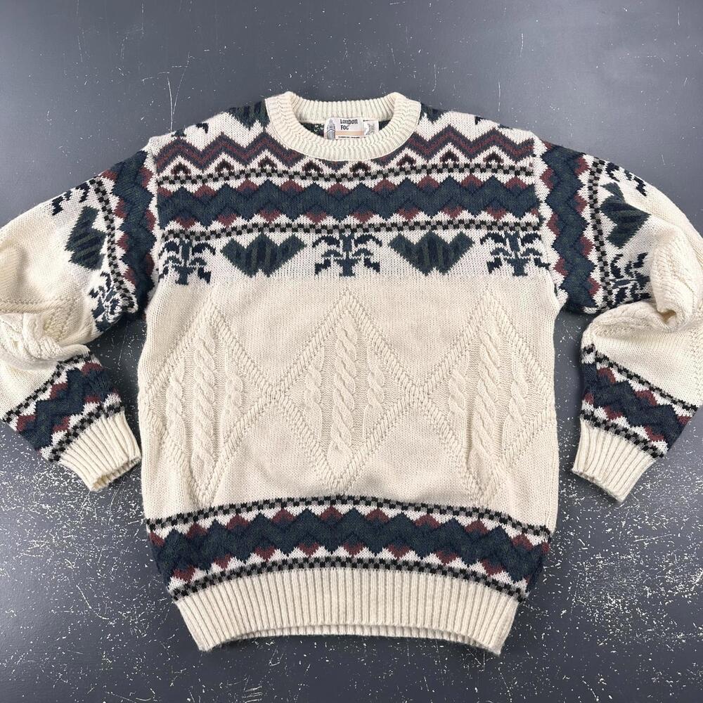 VTG London Fog Sweater Men LT Cream Nordic Fair Isle Alpaca Blend Cable Knit USA